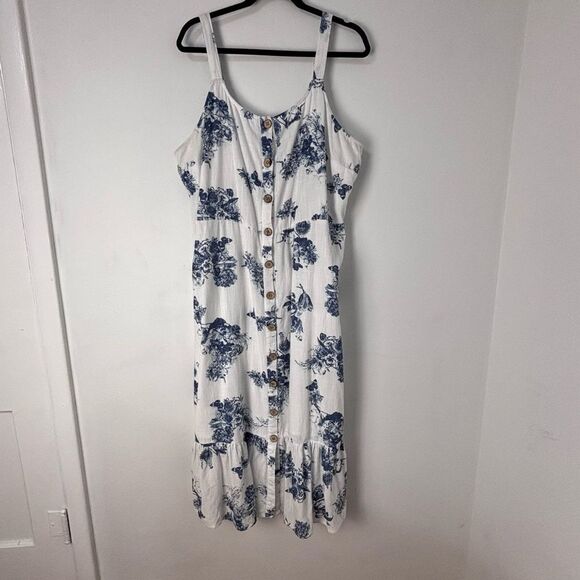 Mlle Gabrielle Blue & White Floral Midi Dress 2X Cottagecore Boho Feminine - Picture 1 of 15